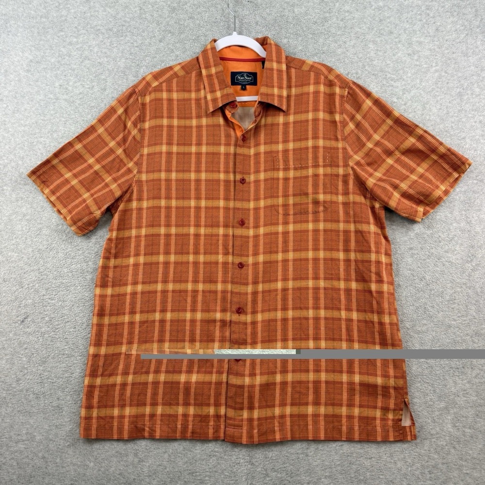Nat‎ Nast Shirt Luxury Orange Silk Blend Button Up Plaid Short Sleeve Resort L